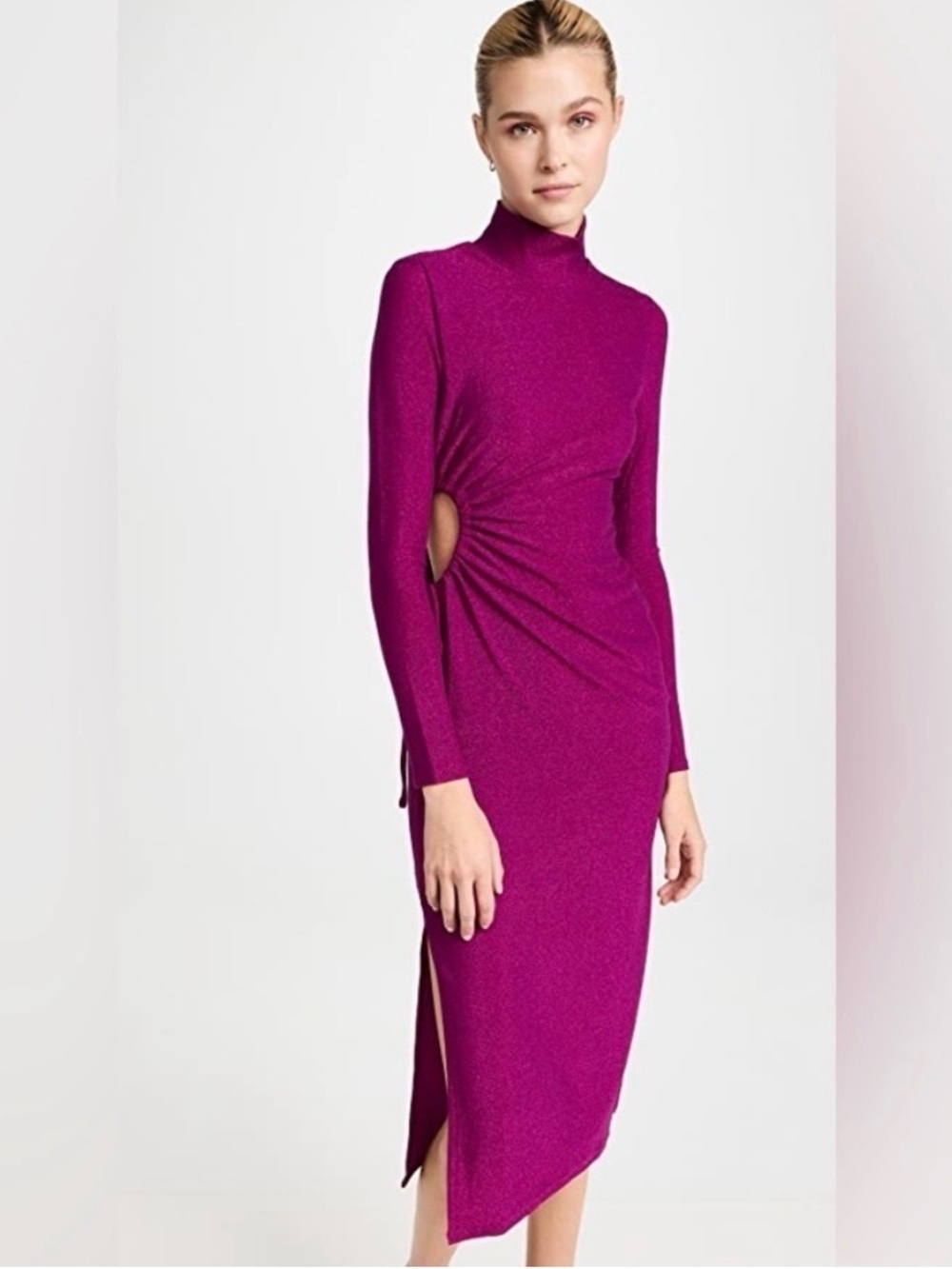 NWT WAYF Magenta Metallic Ruched Cutout Maxi Dress